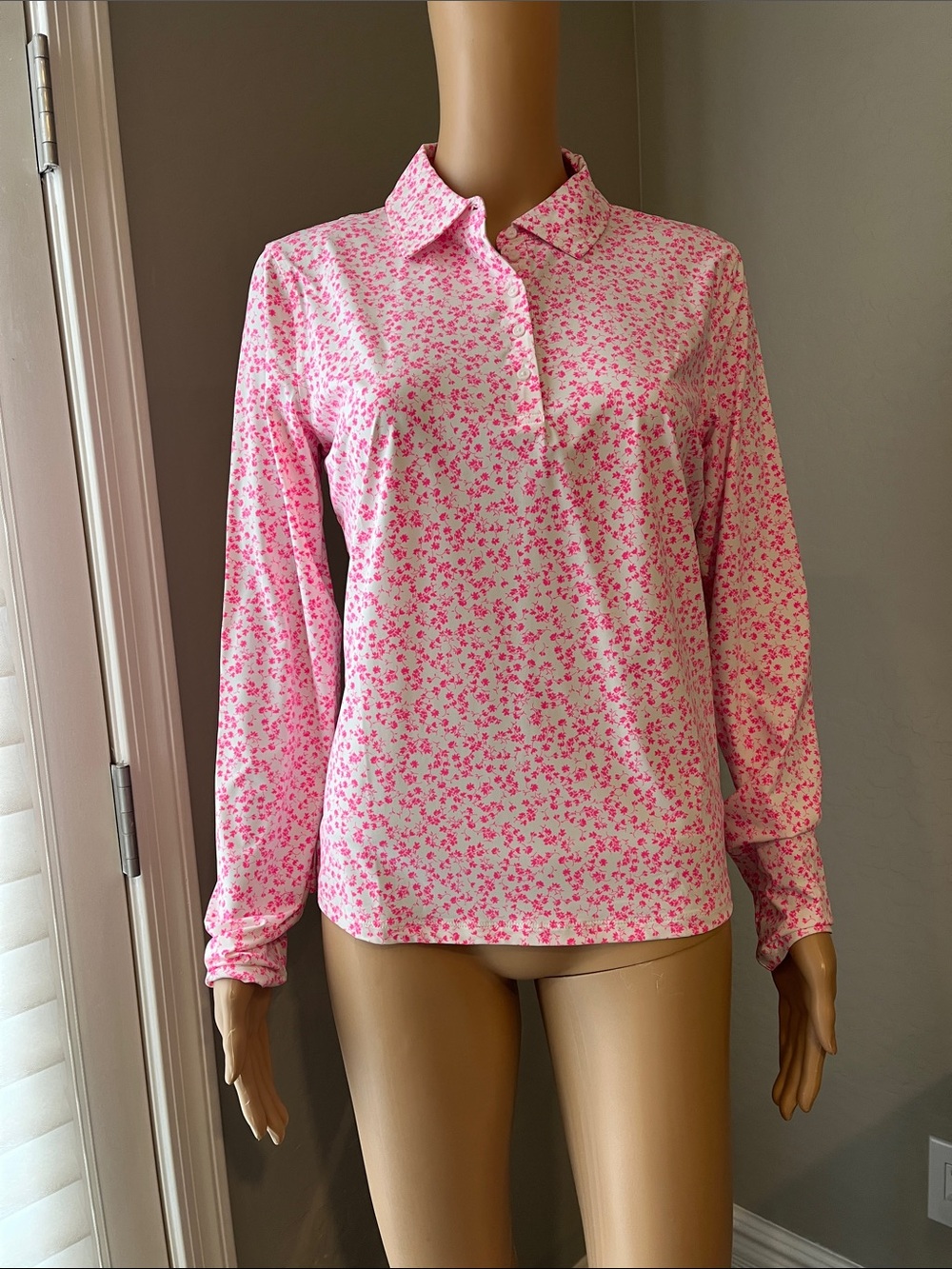 G/FORE Pink Floral Long-Sleeve Collared Top